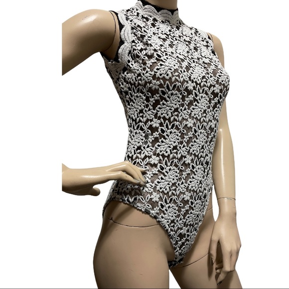 Vintage Y2K 90s French All Lace Bodysuit High Neck Lingerie Teddy Onesie Top - Picture 1 of 12